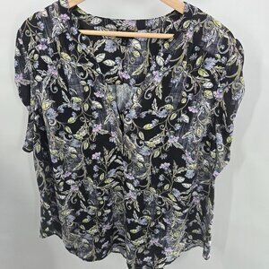 Torrid Harper Black Paisley Gold Leaf Pullover V-Neck Blouse Size 1/1X